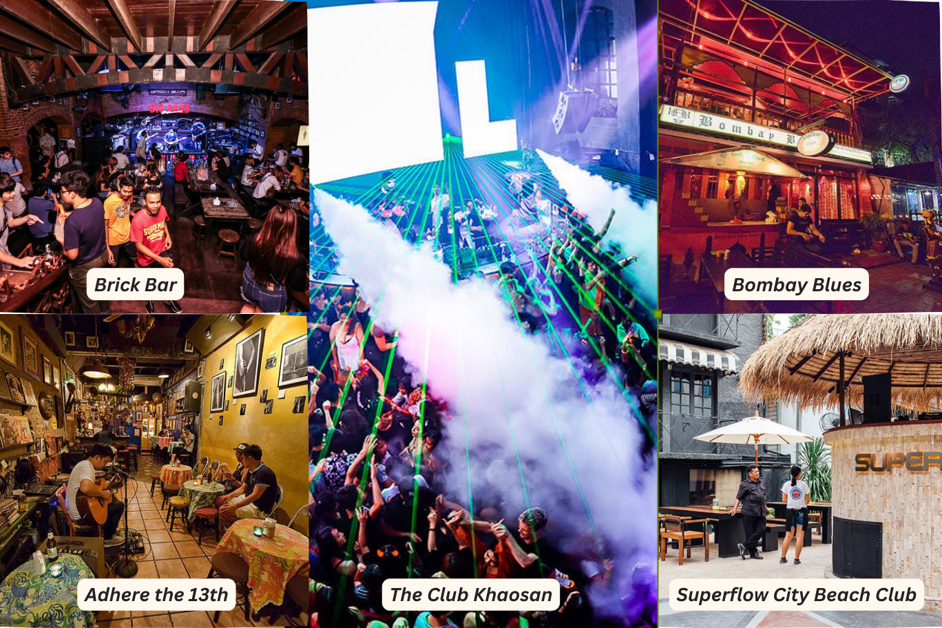 budget-friendly bars and clubs with neon lights and crowds on Khao San Road at night.