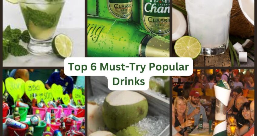 A colorful selection of the top 6 must-try drinks on Khao San Road, including refreshing Thai iced tea, Hippie Mojito, classic Chang beer,Thai Rum and Coconutwater, exotic coconut water, and fun-filled cocktail buckets. Perfect for cooling off and enjoying the lively nightlife of Bangkok.